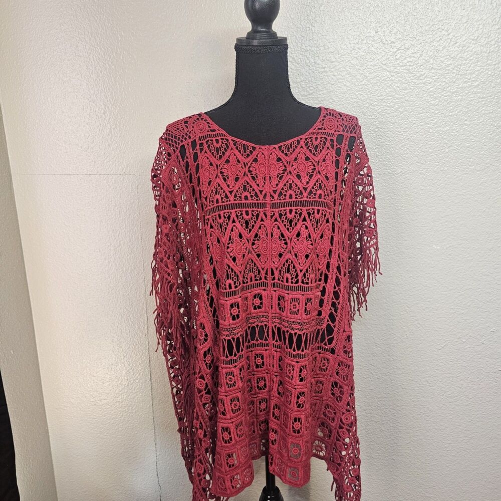 Catherines 0X 1X Red Crochet Fringe Boho Poncho Tunic Top Hippie Lagenlook GG820